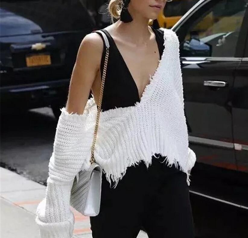 

Women's Sweaters Sexy Off Shoulder Split Knitted Sweater Women Black Pullovers Knitwear Autumn Winter Solid Loose Tassel Jumper Pull FemmeWo