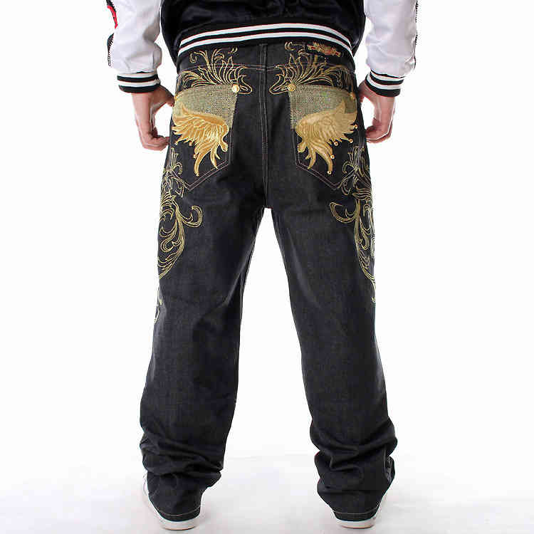 

Embroidered jeans men's trend hip hop casual loose plus fat oversized skateboard pants, Black