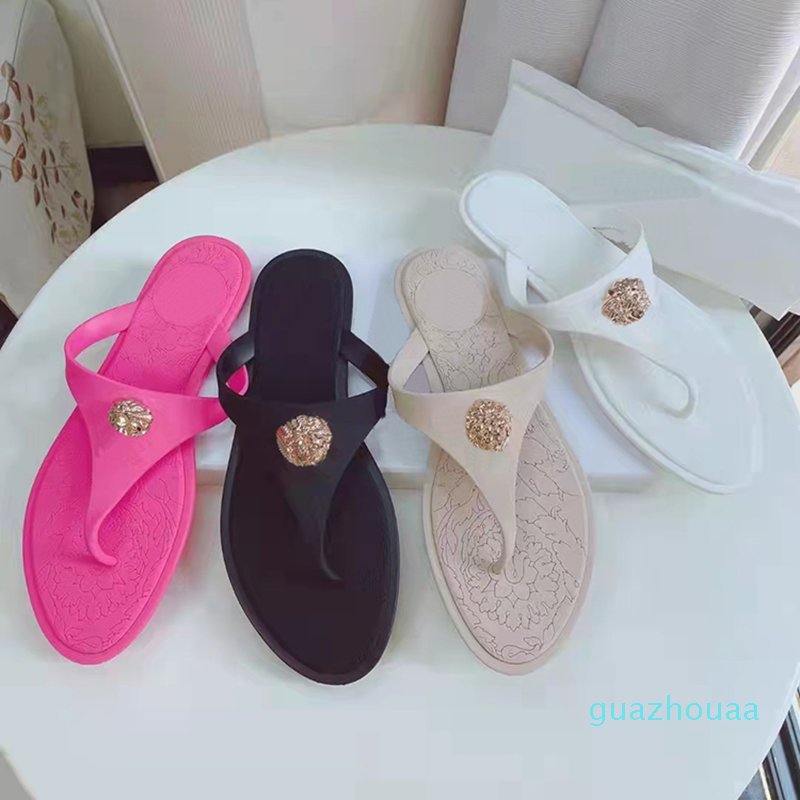 

Fashion-Women Slippers Designer Flat Sandals Jelly Slides Classic Beach Flip Flops Fashion Metal Decoration Printing Sole Shoe Waterproof, Color1