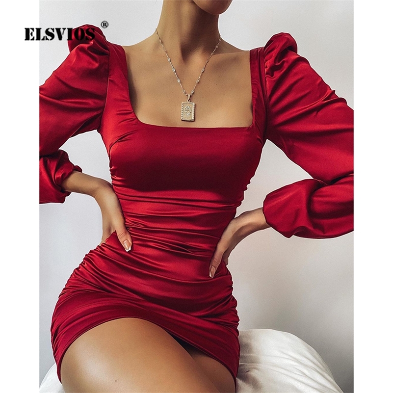 Sexy Slim Square Collar Mini Dress Zipper Shirring Folds Long Sleeve Buttocks Autumn Women Elegant Solid Party es 220521
