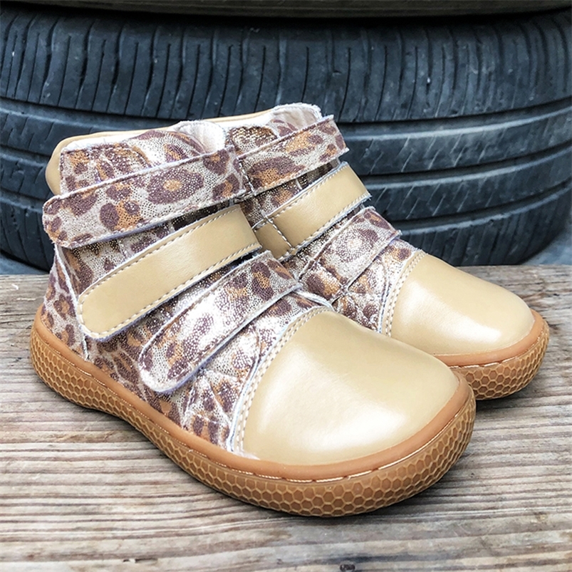 

PEKNY BOSA Leopard boots kids shoes for girl ankle shoes soft bottom leather boots wide toes chid barefoot shoes for boy 220816, Khaki