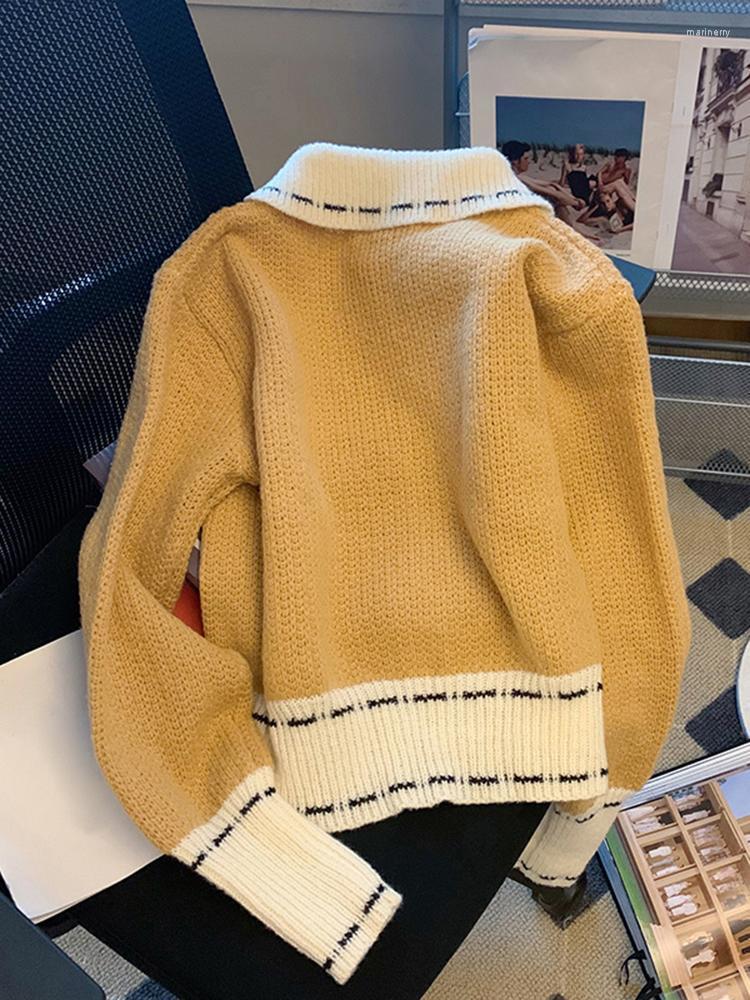 

Women's Knits & Tees Vintage Short Cardigan Women Sweater Autumn Coat Korean Fashion Chic Patchwork Knitted 2022 Turn-Down Collar Khaki Clot