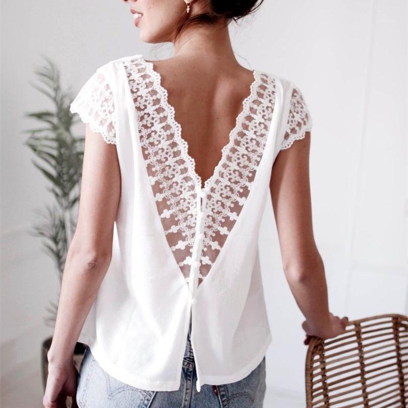 

Womens Solid White Blouse Short Sleeve Lace Backless V Neck Buttons Shirts Tops Ladies Casual Fashion Chiffon Shirt Women Women' Blouses