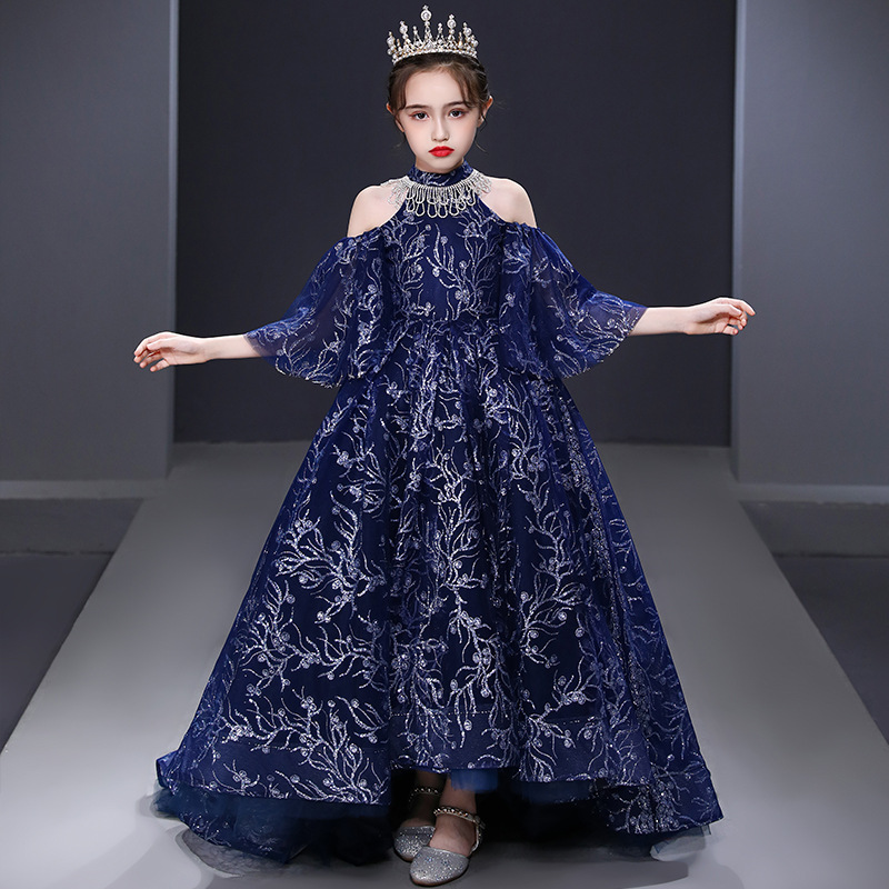 2022 Royal Blue Flower Girls Dress Baby Girl Clothes Lace 3D Flowers Applique Puffy Tulle Sequined Long Train Kids Birthday Gown Custom Made