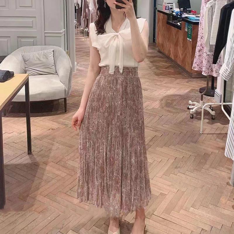 

Skirts Japanese Elegant Sweet Printed High Waist Slim A-line Pleated Design Midi Skirt 2022 Spring Summer All-match Mujer FaldasSkirts, Gray