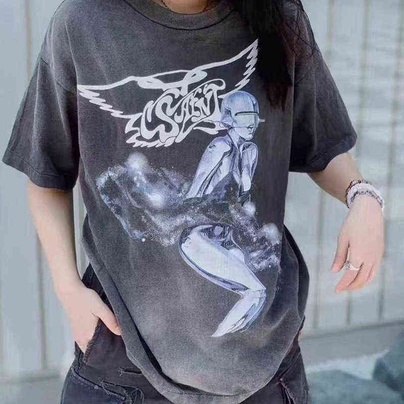

Saint Michael Konasaki Co Branded Robot Printed American Vintage High End Fashion Short Sleeve T-shirt, Wash black
