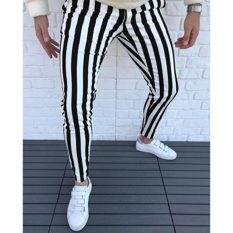 

Men' Pants Man Casual Black White Fashion Male Clothes Slim Fit Quality Middle Waist Classic Striped Trousers Trend Retro StreatwearMen