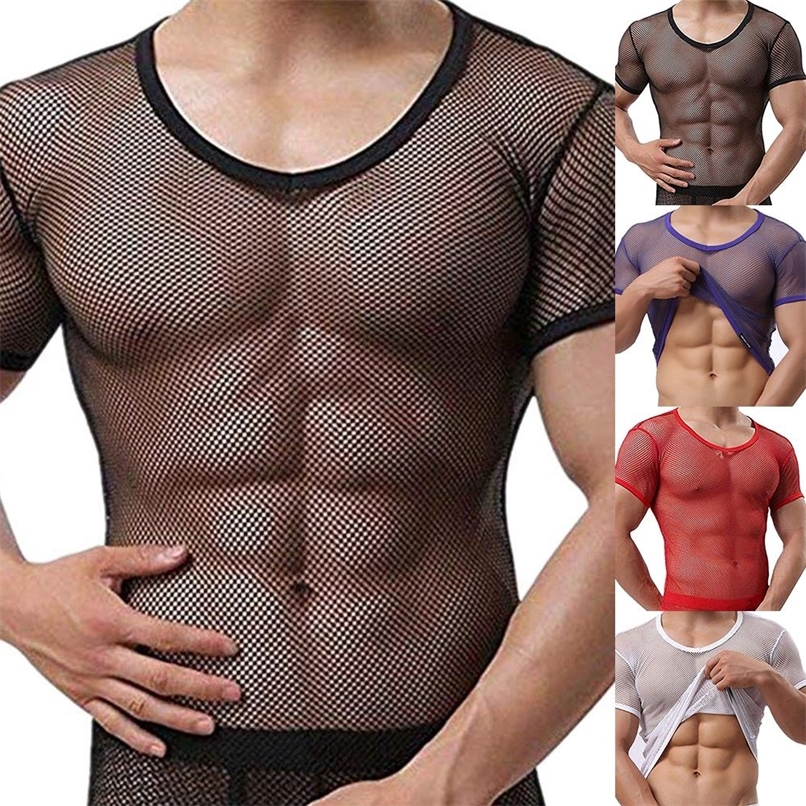 

Sexy Men Mesh See Through TShirt Fishnet Hollow Clubwear Streetwear Perform Male Short Sleeve Undershirt Top Tee 220616, Purple