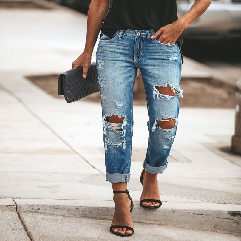 

Women' Jeans Women Fashion Mid Waist Boyfriend Big Ripped Hole Jeans Casual High Stre 220824, Light blue