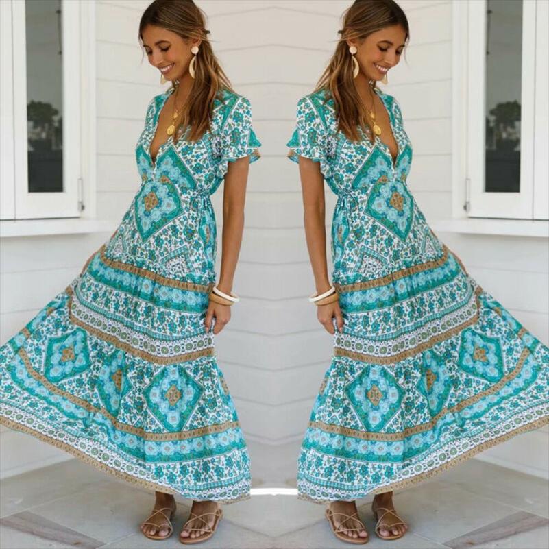 

Womens Maxi Dress Floral Summer Boho V-neck Elastic Waist Belt Long, Pink