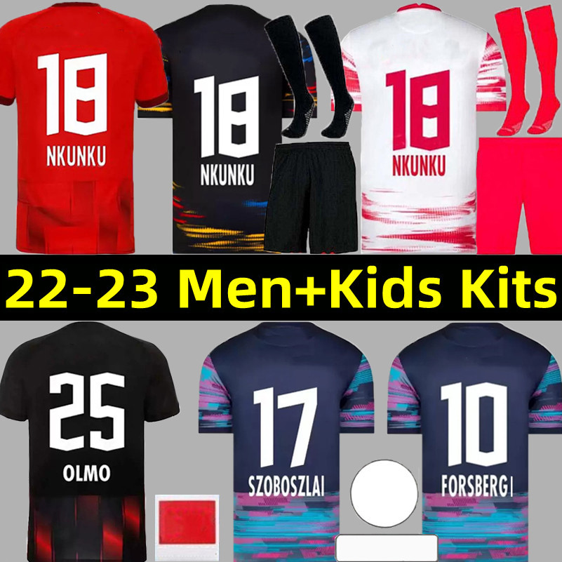 

21 22 23 Soccer Jerseys NKUNKU SZOBOSZLAI POULSEN SILVA ANGELINO ADAMS OLMO FORSBERG Laimer Orban MORIBA HAIDARA 2022 2023 jersey Home Away Third Men Kids Kit sets, 22-23 away