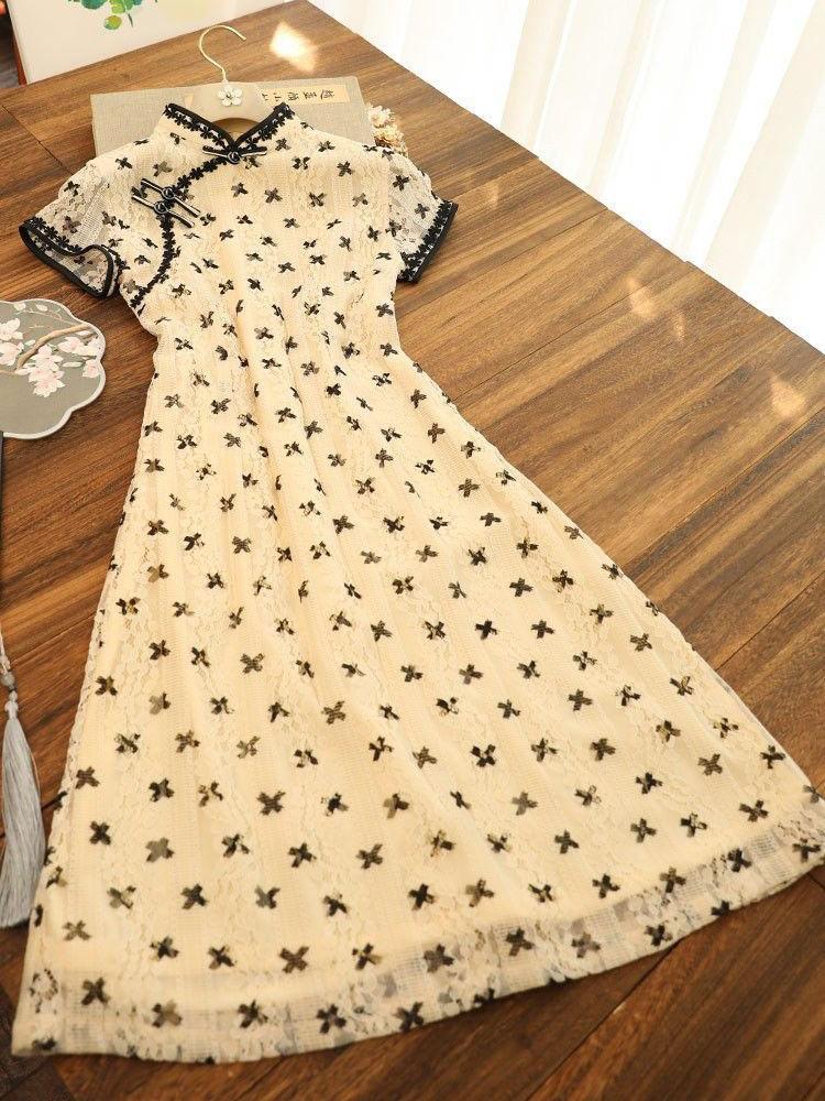 

Ethnic Clothing Summer French Improved Cheongsam Girl Chinese Style Retro Dress Oversized Women's Qipao Modern ClothesEthnic