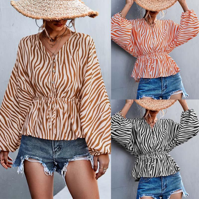 

Women' T-Shirt Spring And Summer Products Women' Fashion Temperament Single-breasted V-neck Zebra Print Top Lace-up WomenWomen, Black