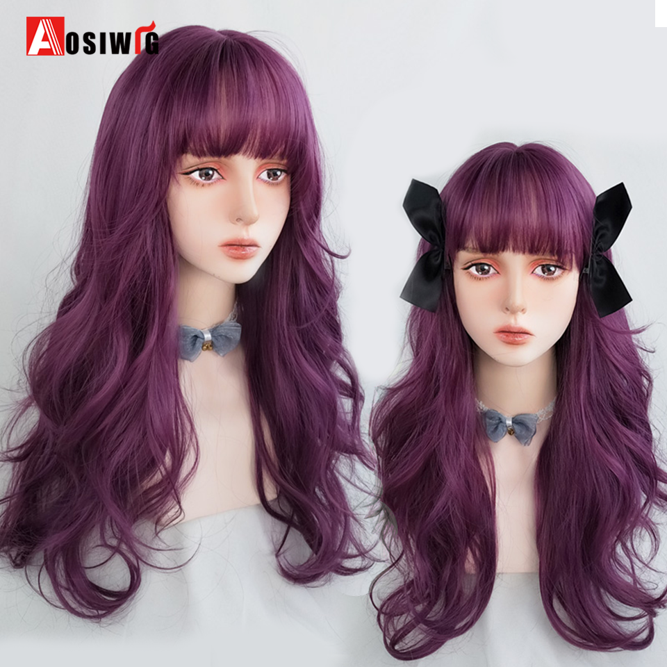 Costume Accessories AOSI Long Wavy Synthetic Wig With Bangs Purple Anime Lolita Cosplay Halloween Fashion Natural Hair For Women Girl Heat R-image-772760618
