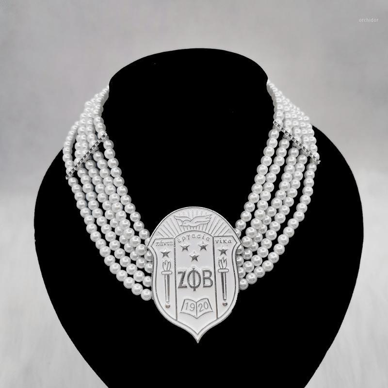 

Pendant Necklaces Handmade Greek Sorority ZPB 1920 Shield Mulyilayer White Pearl Necklace JewelryPendant