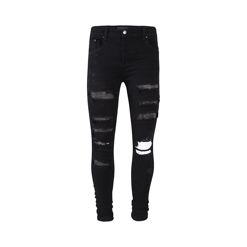 Mens jeans in Europe and America fashion stickers drill holes patch casual slim feet tight pants teenagers
