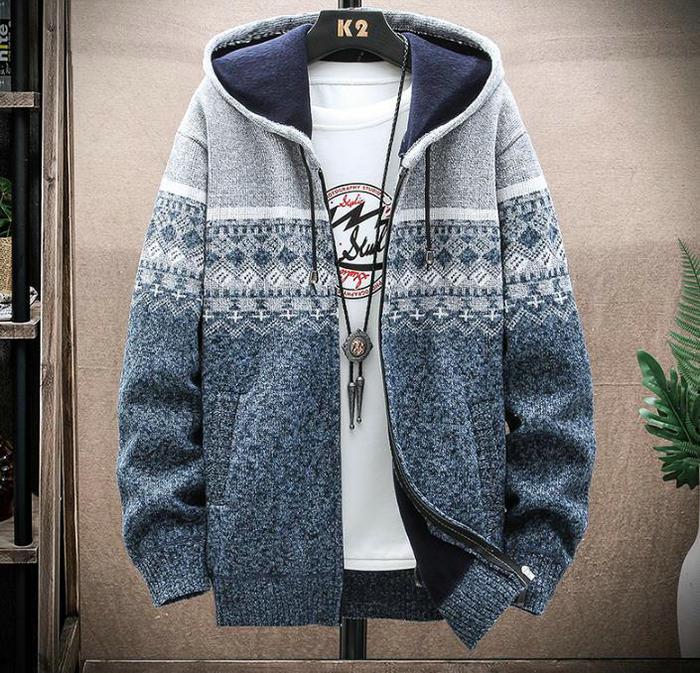 Vintage Cardigan Sweater Coat Men Winter Autumn Harajuku Pattern Knitted Sweaters Mens Casual Men Hooded Fleece Outerwear