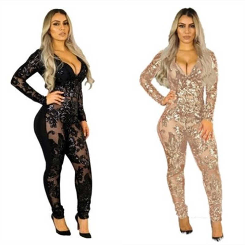 

Women plus size Jumpsuits Rompers summer clothes deep-v neck sexy club long sleeve Bead piece sequins sheer leggings bodysuits wedding, Black