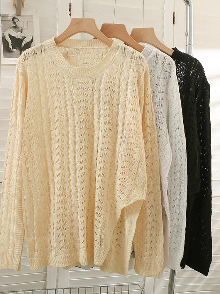 

Women's Sweaters YornMona Casual All Match Hollow Out Split Long Pullover Tops Summer Sun Protection Full Sleeve Knitted Sweater ShirtsWomen, Black