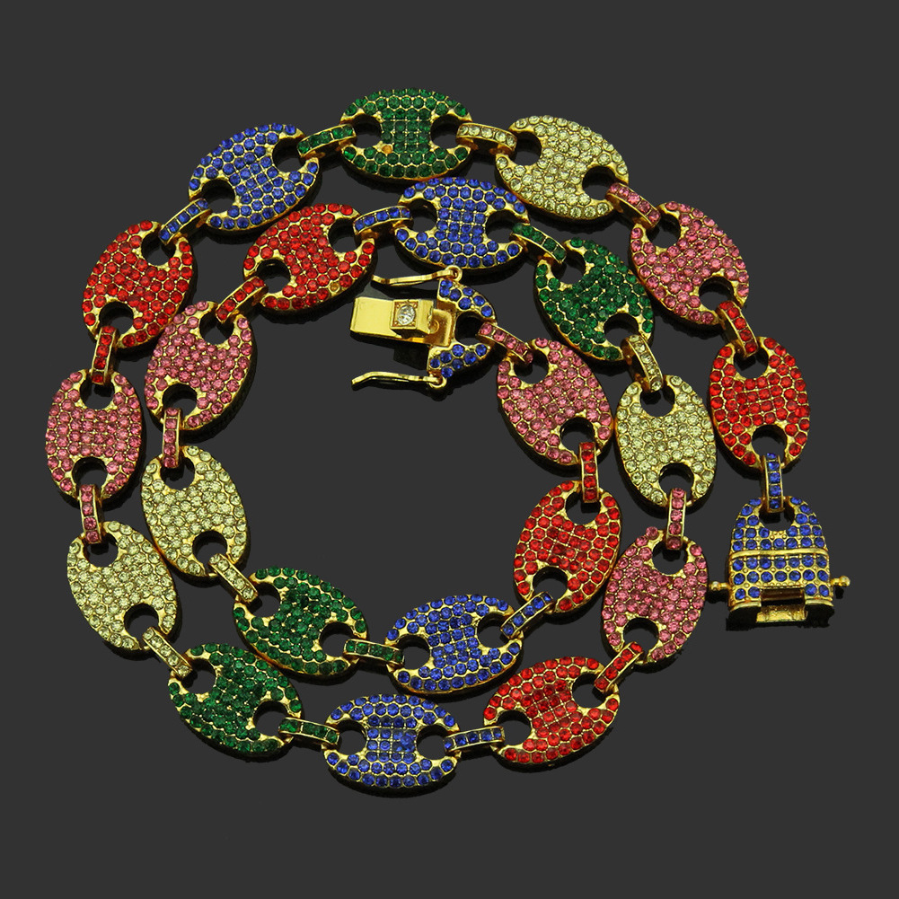 

Hip hop new pig nose coffee buckle with colored diamond chain necklace men's Yiwu