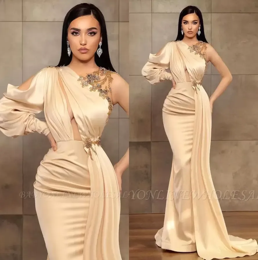 

Arabic One Shoulder Satin Mermaid Prom Dresses Ruched Tulle Beaded Long Sleeve Formal Party Prom Celebrity Gowns Vestidos BC11112, Gray