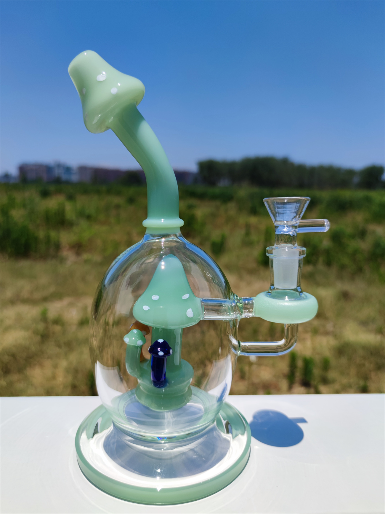 

9 INCH 24CM Cream Green Mushroom Filter MIxed Color Recycler Large Size Glass Bong Water Pipes Hookah Joint Tobacco 14mm Bowl