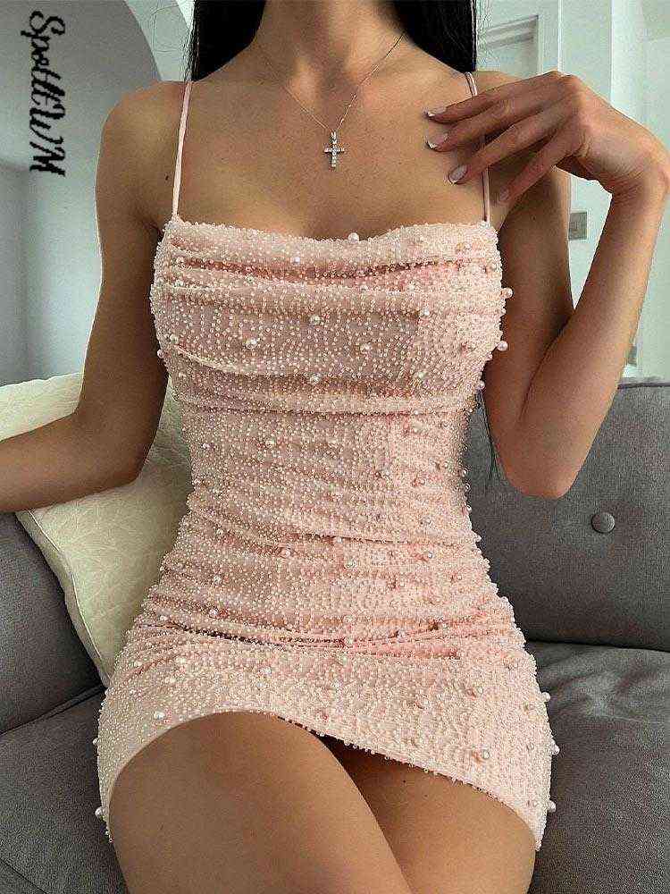 

Women Sexy Backless Faux-pearl Suspender A-line Dress 2022 Summer Elegant Pleated Sleeveless Slim Mini Dress Party Dress T220816, Brown