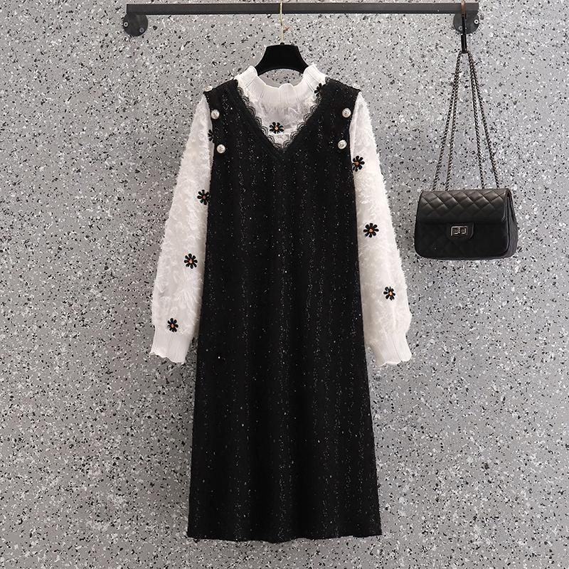 

Plus Size Dresses EHQAXIN 2022 Fall Womens Elegant Ladies Button Printing Lace Stitching Mid-Length Sequin Pullover Dress -4XL Jona22, Black