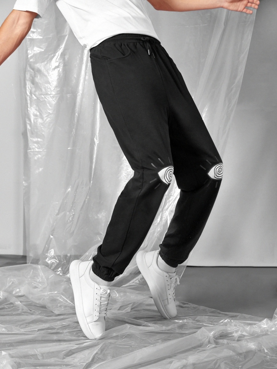 

x CazFhey Men Eyes Print Tapered Sweatpants d7wk#, Black