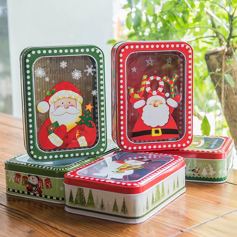 

Christmas Decorations Year Gift Packaging Tin Box Merry Santa Claus With Clear Window Package Party Event Candy Cookies Favors