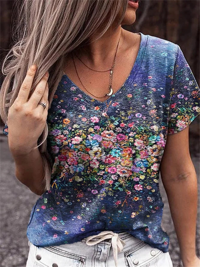 

Summer Casual Tee Short Sleeve Women T-Shirts Flower Print Street Tops Female V-Neck Loose T-Shirt 5XL Plus Size Top Pullover, White