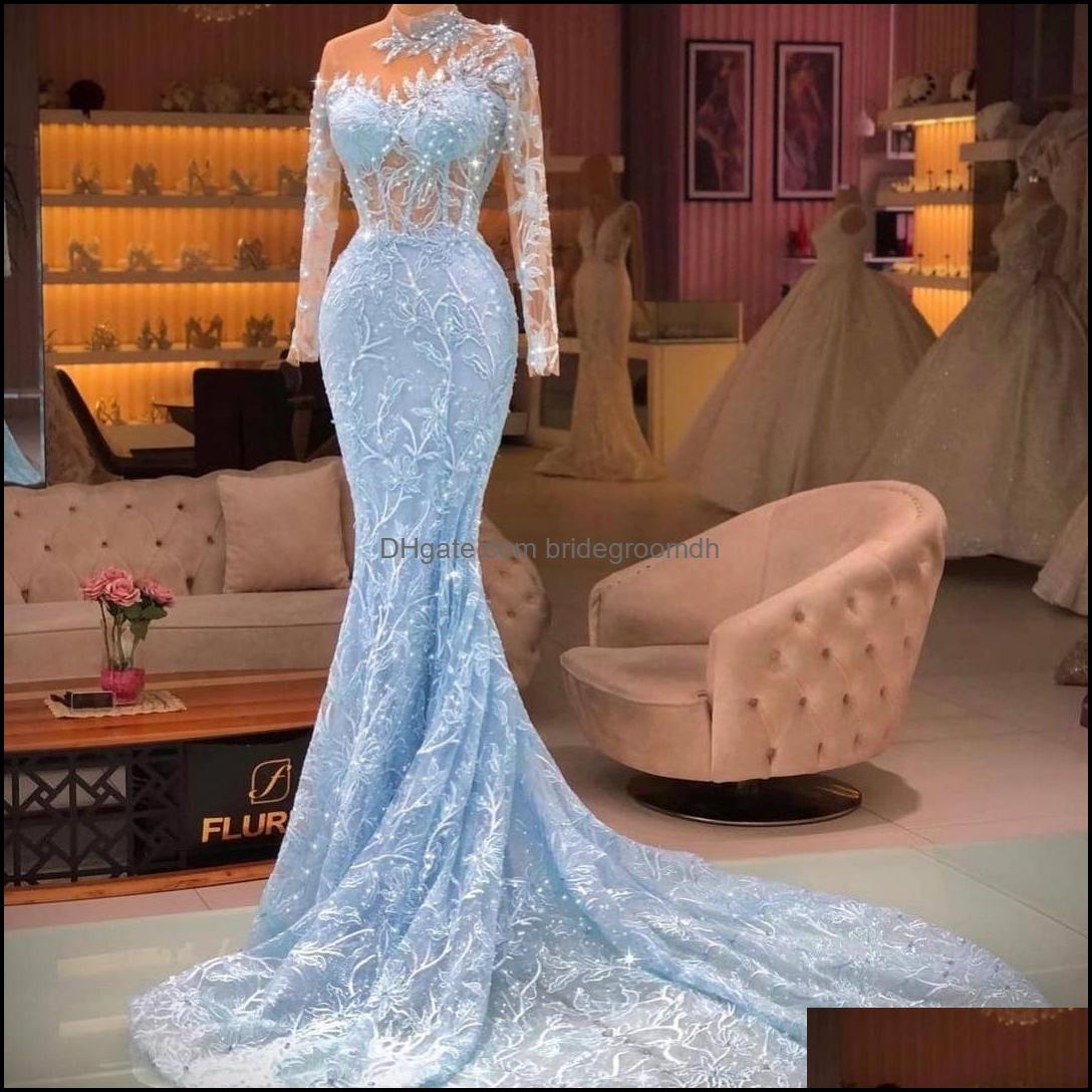 

Evening Dresses 2022 Light Blue Mermaid Dress Long Sleeves Lace Prom Women Formal Wear Sequined Vestido D Bridegroomdh Dhudk, Dark red