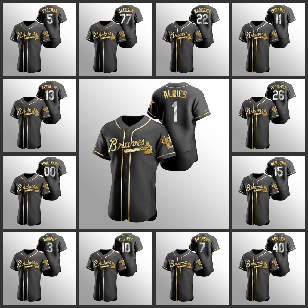 

Atlanta''Braves Men #1 Ozzie Albies 13 Ronald Acuna Jr. 5 Freddie Freeman 10 Chipper Jones Women Youth Custom Golden Black Authentic Jersey