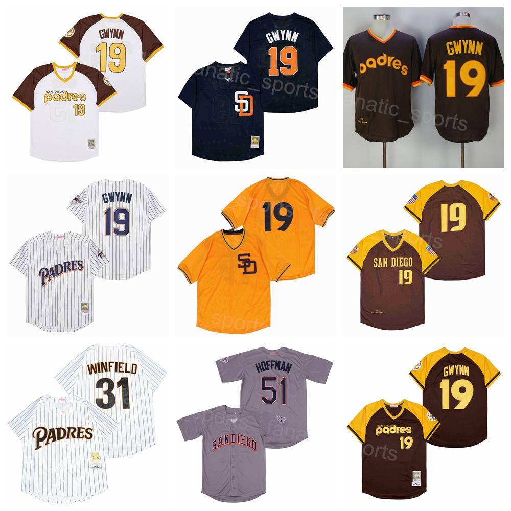 

Vintage 19 Tony Gwynn Retro Baseball Jersey 31 Dave Winfield 51 Trevor Hoffman All Stitched Cool Base Pullover Pinstripe Retire White Brown Grey 1946 1978 1979 1982, 19 navy blue