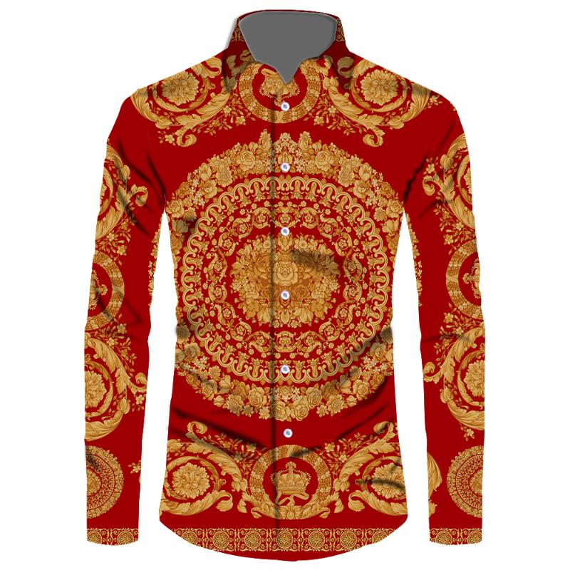 

Men's Casual Shirts Blouse Red Baroque Banquet Tops Black Gold Men Shirt Luxury Male Long Sleeve Tees Print ShirtsMen's, F51nandu081911