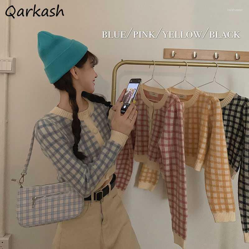 

Women's Knits & Tees Plaid Cardigan Women Preppy Retro Sweet Cropped Spring 4 Colors Simple All-match Students Soft Trendy Leisure Knitwear, Blue