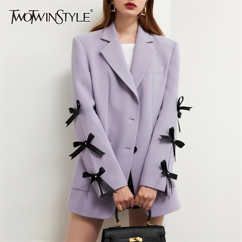 

TWOTWINSTYLE Patchwork Bowknot Hit Color Blazer For Women Notched Long Sleeve Casual Blazers Female Fashion Clothing 210517, Apricot