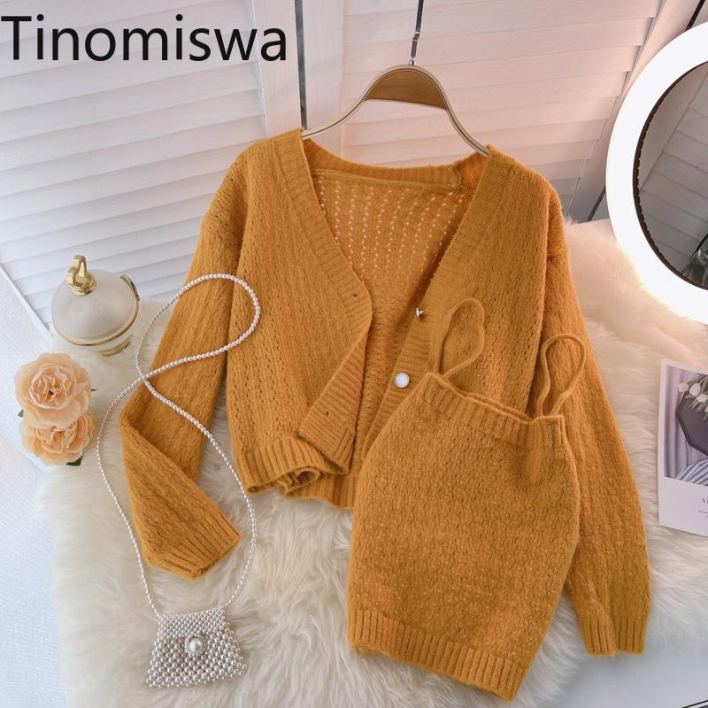 

Women's Knits & Tees Tinomiswa Two Piece Autumn Cardigan Women Single Breasted Korean Style V Neck Sweet Knitwear Solid Color Long Sleeve Sw, White