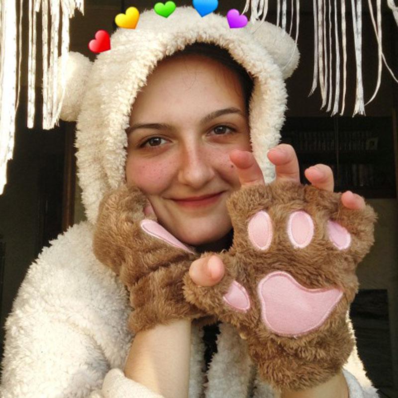 

Five Fingers Gloves Fashion Girls Cute Cat Claw Plush Mittens Warm Soft Short Fingerless Women Leisure Bear Half Finger Gifts