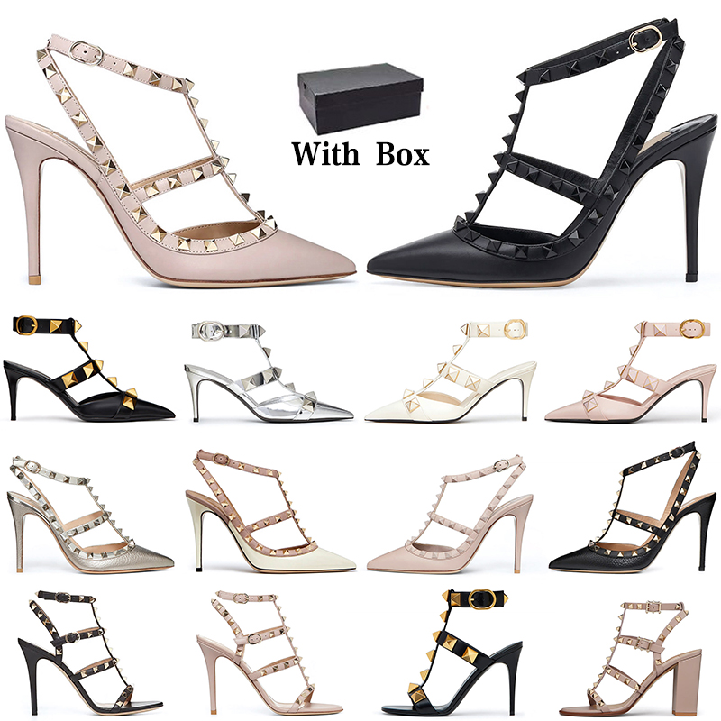 

With Box designer dress shoes women sneakers stud pump high heels Pointed Toes Patent Leather Metallic Gold Black Womens Sandals Trainers party wedding sandales