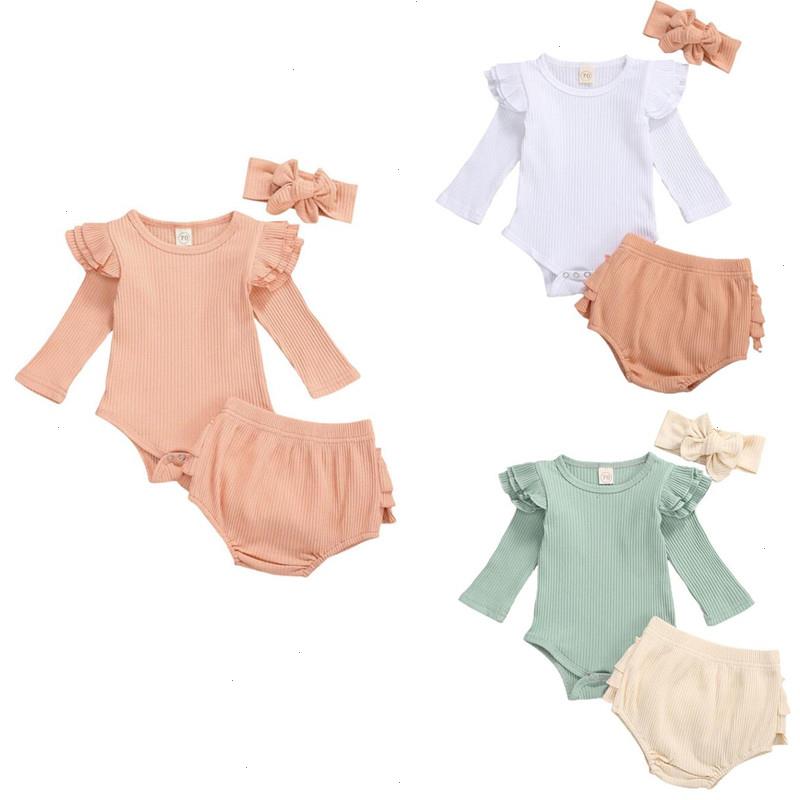 

0-18m Toddler Baby Infant Girl Autumn Clothing Set 3pcs Long Sleeve Solid Kintting Romper Top Shorts Headband 3colors Outfit