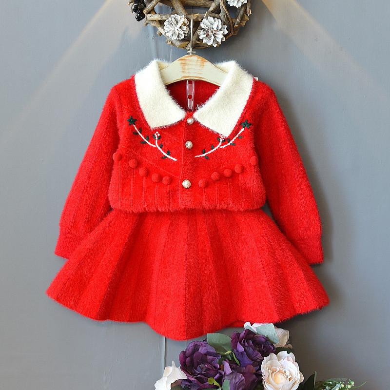 

Clothing Sets DFXD Autumn Winter Girls Sweater Set Embroidery Crystal Mink Cardigan Coat+Skirt Two Piece Knitted Outfit Kids, Red