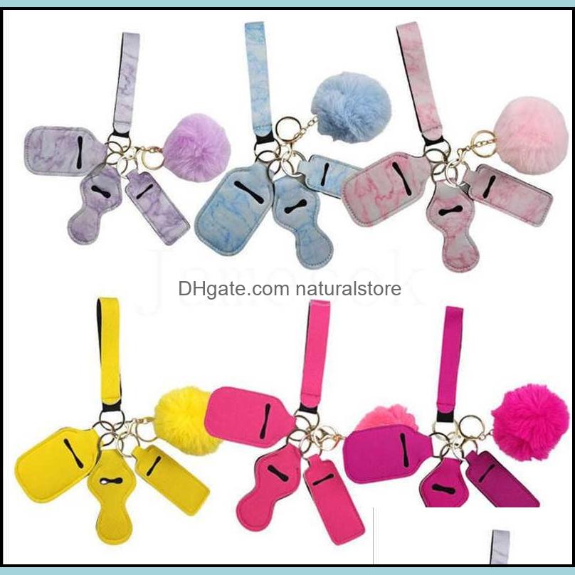 

11 Colors 5Pcs Defense Keychain Set Pompom Hand Sanitizer Wrist Strap Lipstick Keychains Sier Keyring For Woman Men Self-Defense Drop Delive
