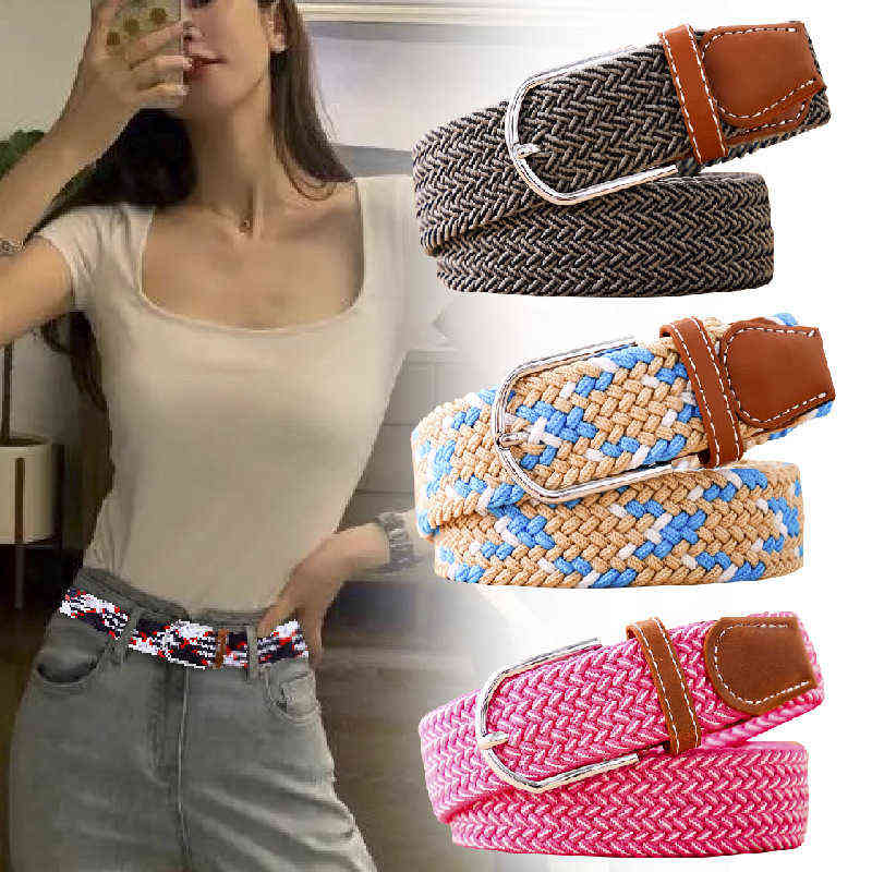 

Plus Size 105 110 120 130cm Casual Knitted Pin Buckle Women Belt Woven Canvas Elastic Expandable Braided Stretch Belts Men Jeans Y220419, Black