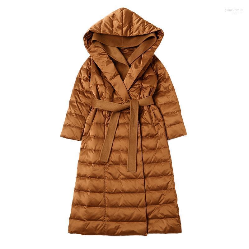 

Women' Down & Parkas 2022 Women White Duck Coat Over The Knee Long High Endnwaistbank Belt Warm Jacket Guin22, Black