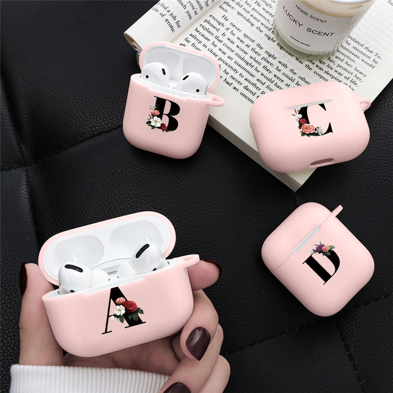 

Pink Floral Initial Alphabet Letters Cover For AirPods Pro Case tective Shell Silicone Apple Air Pods Headset Cases