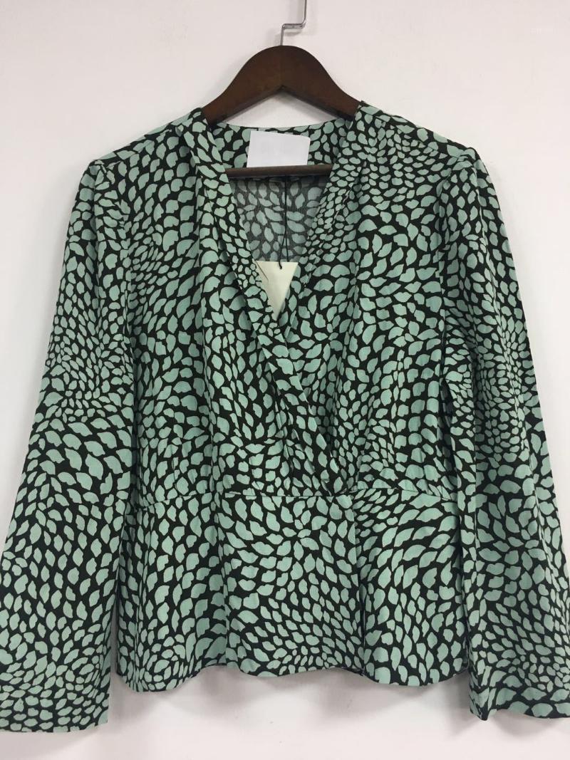 

ElfStyle Women Green Slips Printed Wrap V Neckline Blouse Top With Long Sleeve Women' Blouses & Shirts