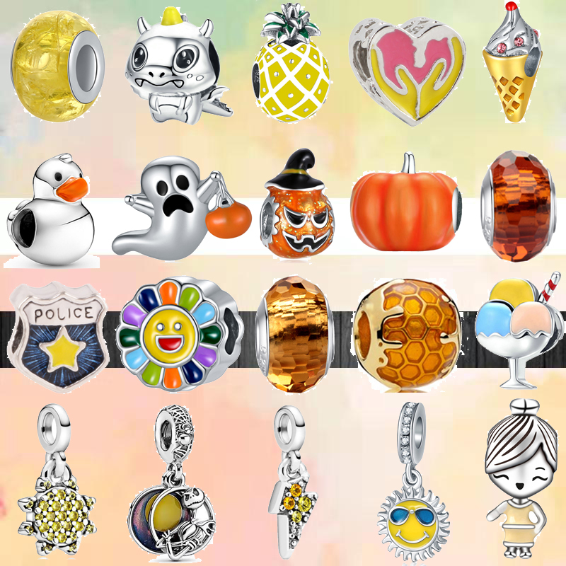 925 Sterling Silver Dangle Charm New Yellow Color Pumpkin Sunflower Pendant Beads Bead Fit Pandora Charms Bracelet DIY Jewelry Accessories
