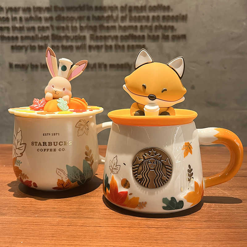 Starbucks autumn maple leaf cute fox Mermaid copper chapter cup acorn relief cartoon ceramic coffee mug with cover-image-760687426