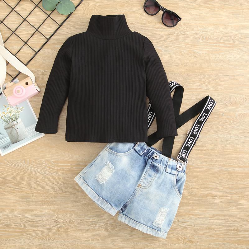 

Clothing Sets Kids Girls Clothes Solid Color Long Sleeve Turtleneck Top Denim Suspender Shorts Children Fashion Girl, White